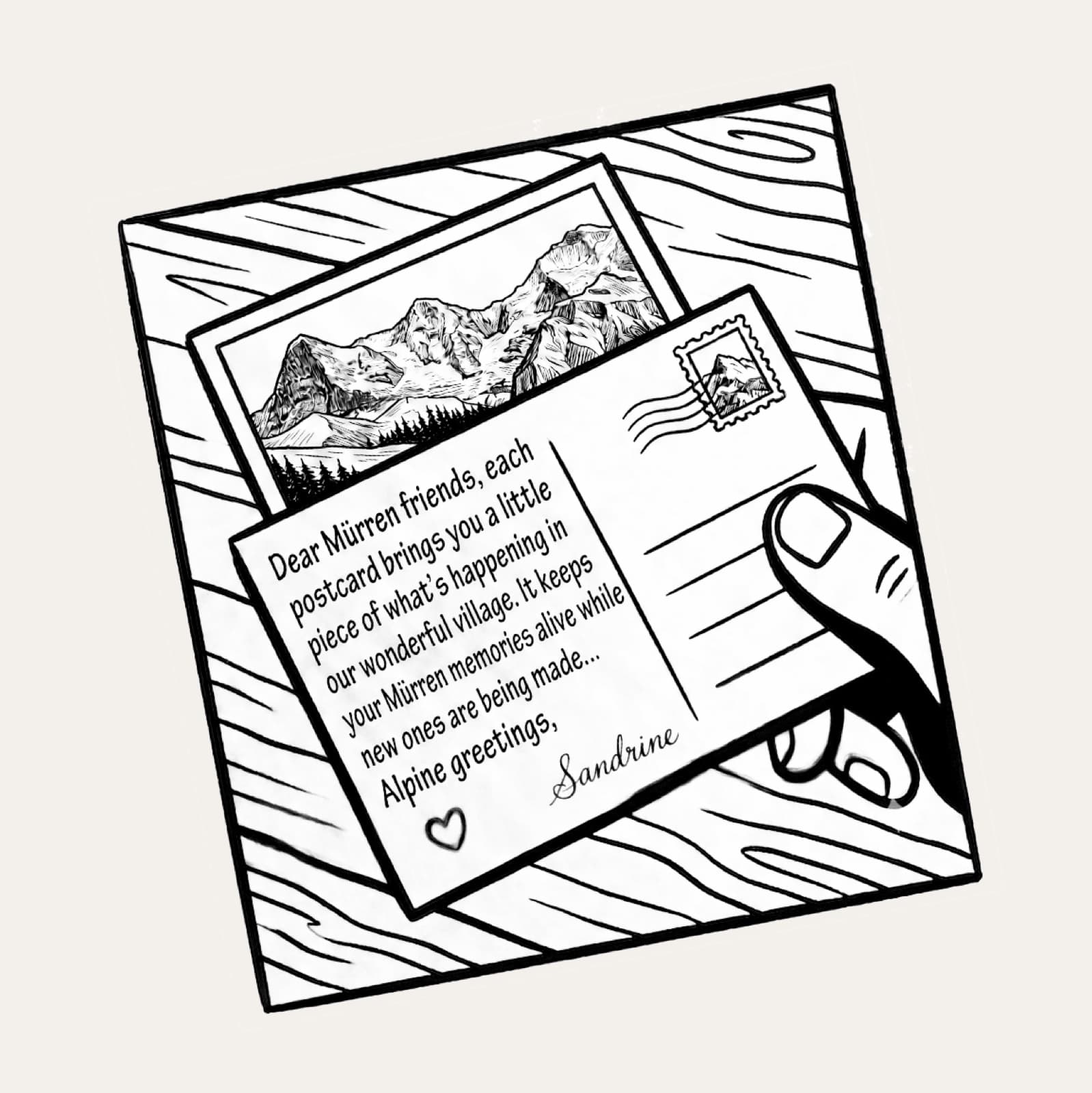 Comic: Hand hält eine Mürren-Postkarte mit Alpengruss von Sandrine